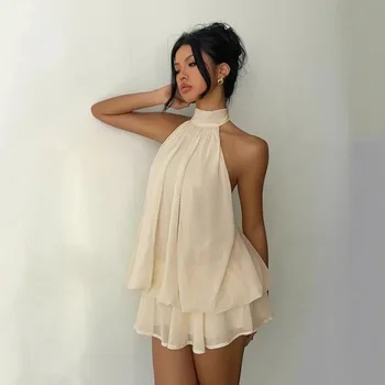 Women's Halter Neck Dress, Backless Tie-Front Chiffon Sheer Mini Skirt, Fashionable Sexy Y2K Vintage Cute Party Birthday Dress 1