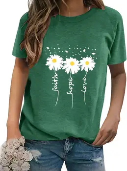 Women Crewneck Daisy Print Short Sleeve T-Shirts Summer Faith-Hope-Love Tees Loose Fit Graphic Tops 2026