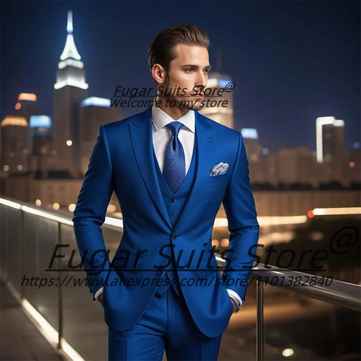 Royal blue High-qublity Wedding Men Suits Slim Fit Peak Lapel Groom Formal Tuxedos 3 Pcs Sets Business Male Blazers Ropa Hombre