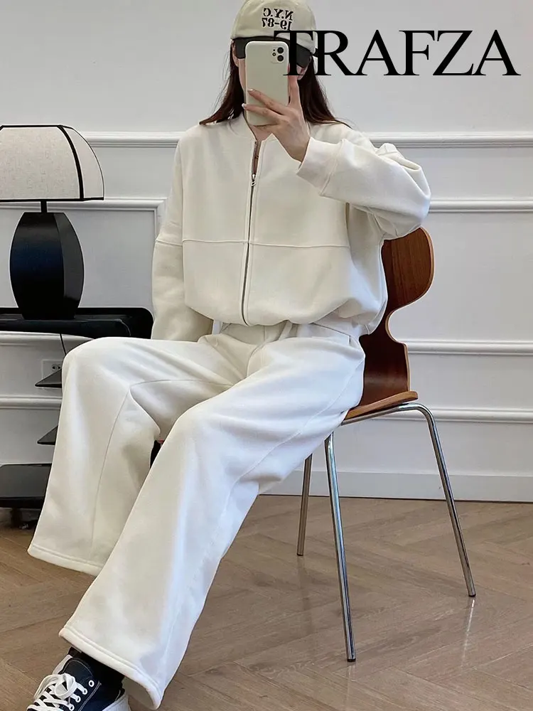 TRAFZA Women's Fall 2-Piece Retro Solid Color Zip Bomber Jacket Sweatshirt+High Waist Lace Up Women's Wide Leg Pants Street Wear 4