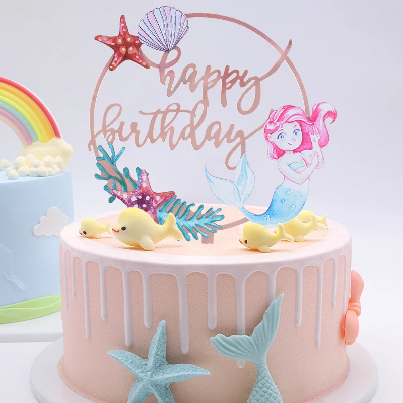 Decoración de Pastel de feliz cumpleaños de La Sirenita bajo el mar,  adornos de acrílico para cupcakes para Baby Shower, fiesta de cumpleaños,  decoración para hornear - AliExpress