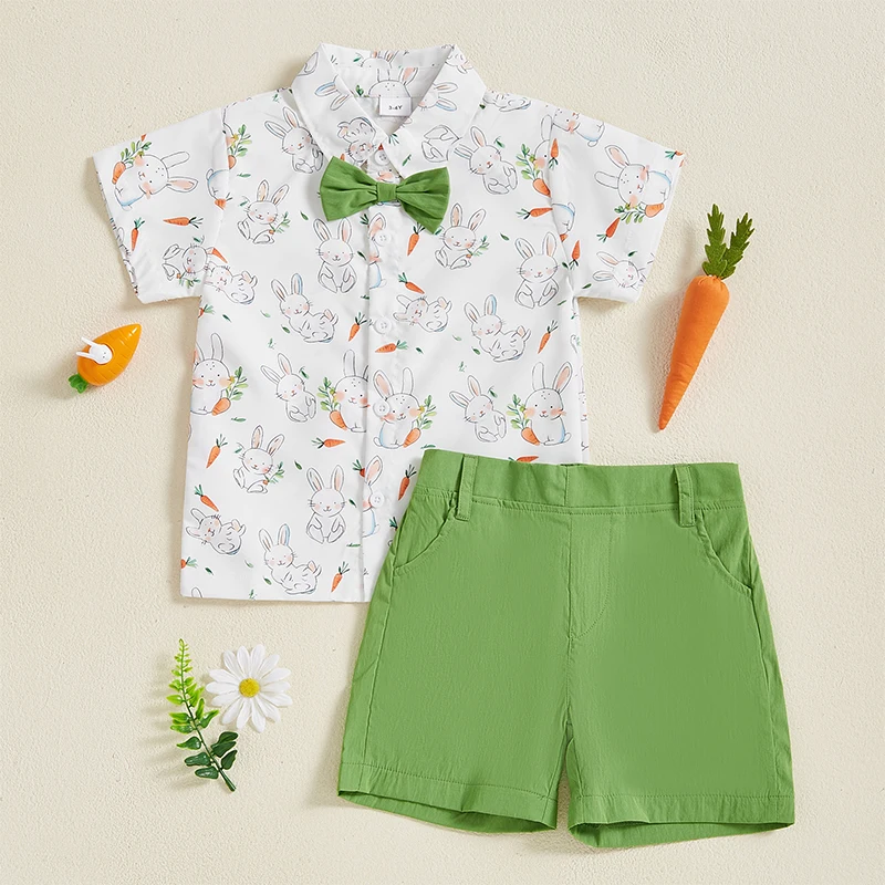 Pudcoco Baby Toddler Boy Easter Outfit Carrot Short Sleeve Button-up Bowtie Shirt Solid Shorts 2 Pcs Set 6M-4T