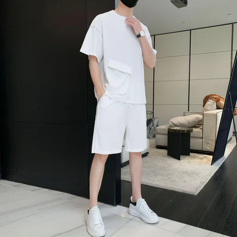 New Solid Ice Silk Men's T-shirt + Shorts Set Daily Simple Casual Tshirt Tracksuits Sports Running Sets Male Sport Suit