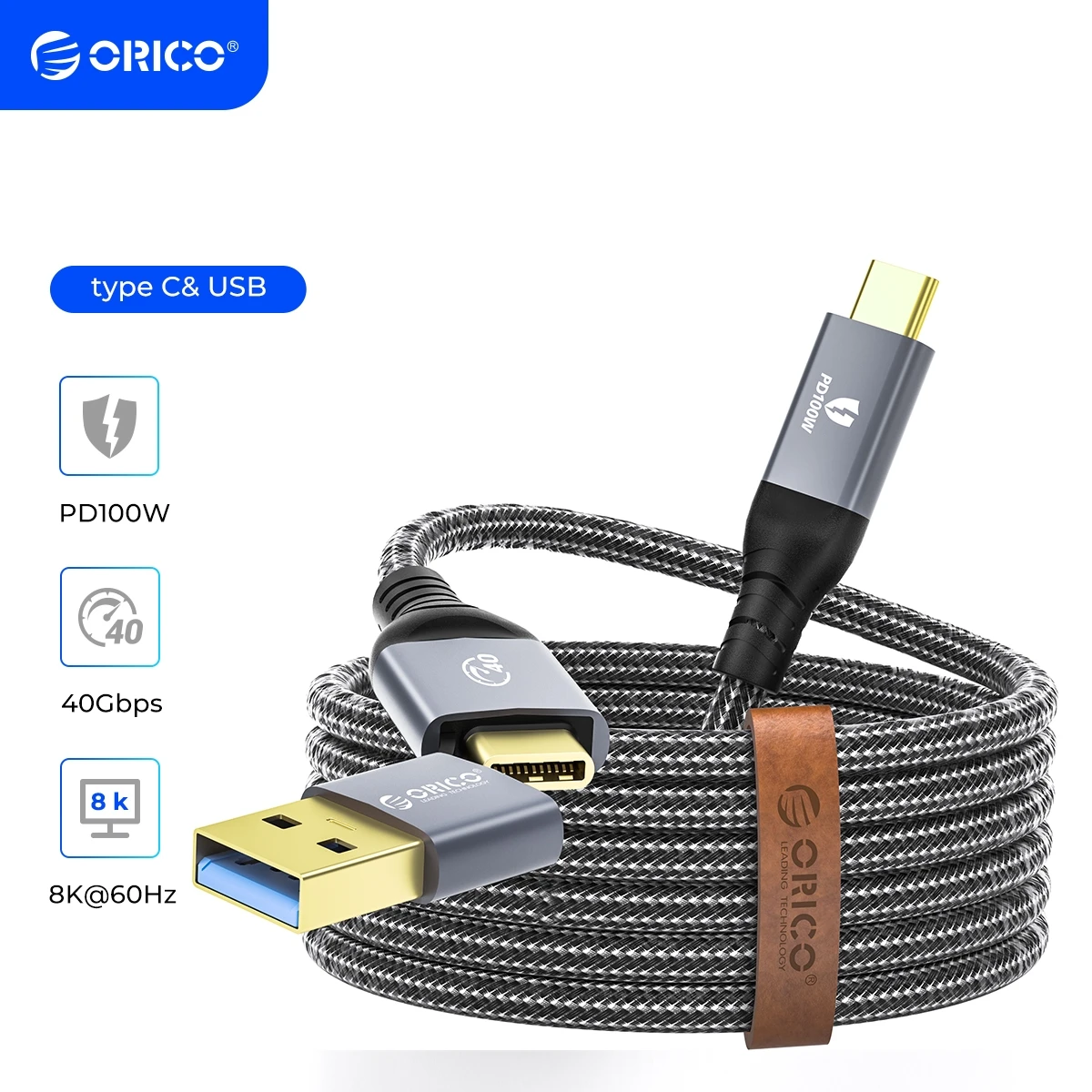 Cavo Usb C Orico 2 In 1 40Gbps Pd100W Cavo Di Ricarica Rapido 8K @ 60Hz Hd Usb 3.0 A Cavo Usb C Per Macbook Thunderbolt 4 Ps4