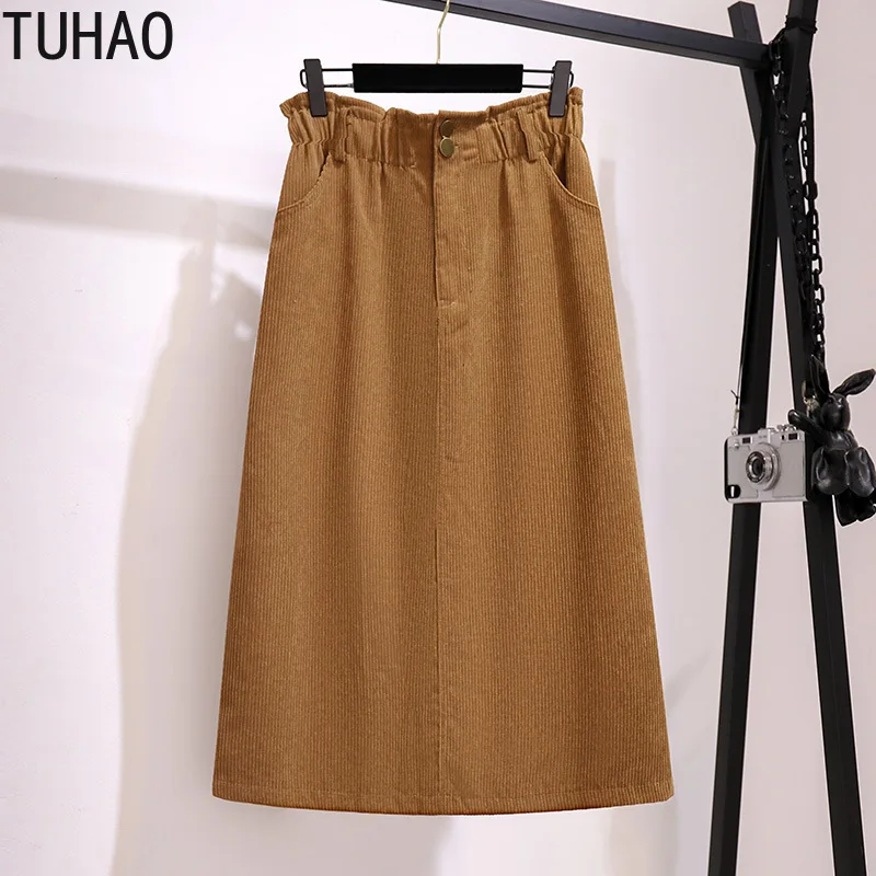 

TUHAO Fashion High Waist Pleated Skirt Corduroy Women Elegant College Style Midi Skirt Ladies Autumn Winter Thick Skirts Clothes