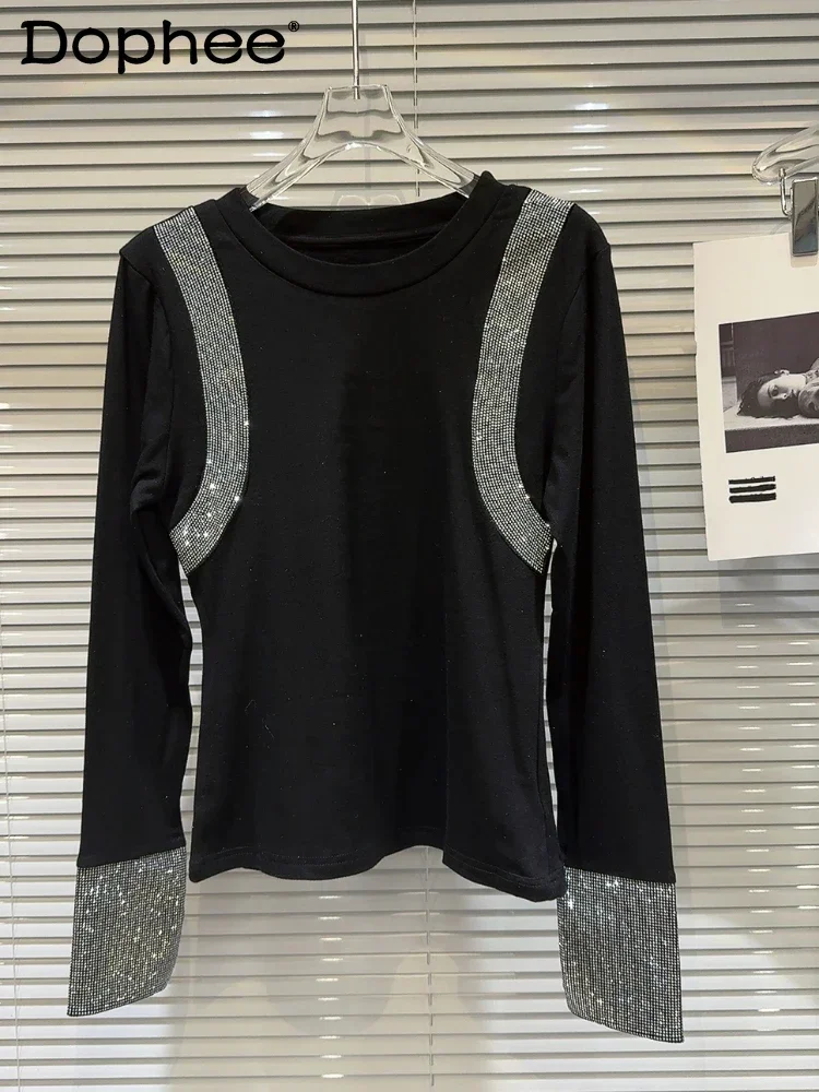

Hot Girl Shoulder Cuff Rhinestone Fleece Lined Slim T-shirt 2023 Autumn and Winter New Long Sleeve Round Collar Black Top Women