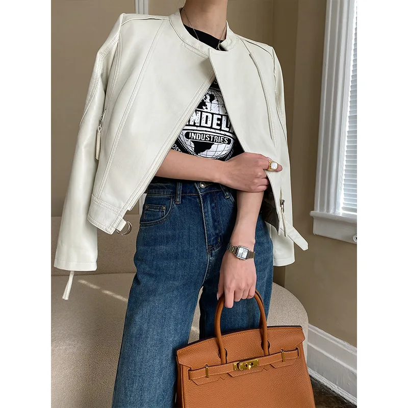 

Women's moto biker zipper jacket Leather jakcets coat spring new outerwear stand-up collar motorcycle clothes for women 2023