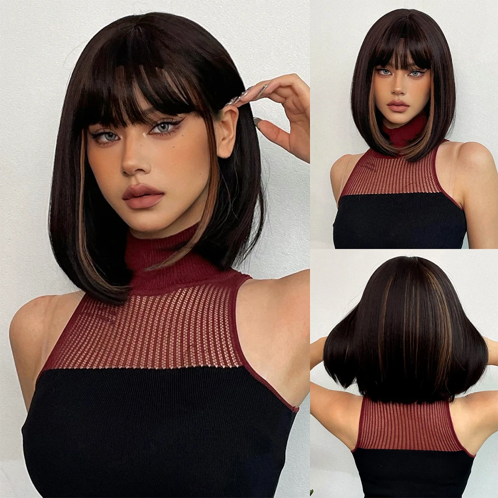 

HENRY MARGU Short Bob Synthetic Wigs Black Red Brown Cosplay Straight Wig with Bangs Natural Hair Heat Resistant for Women