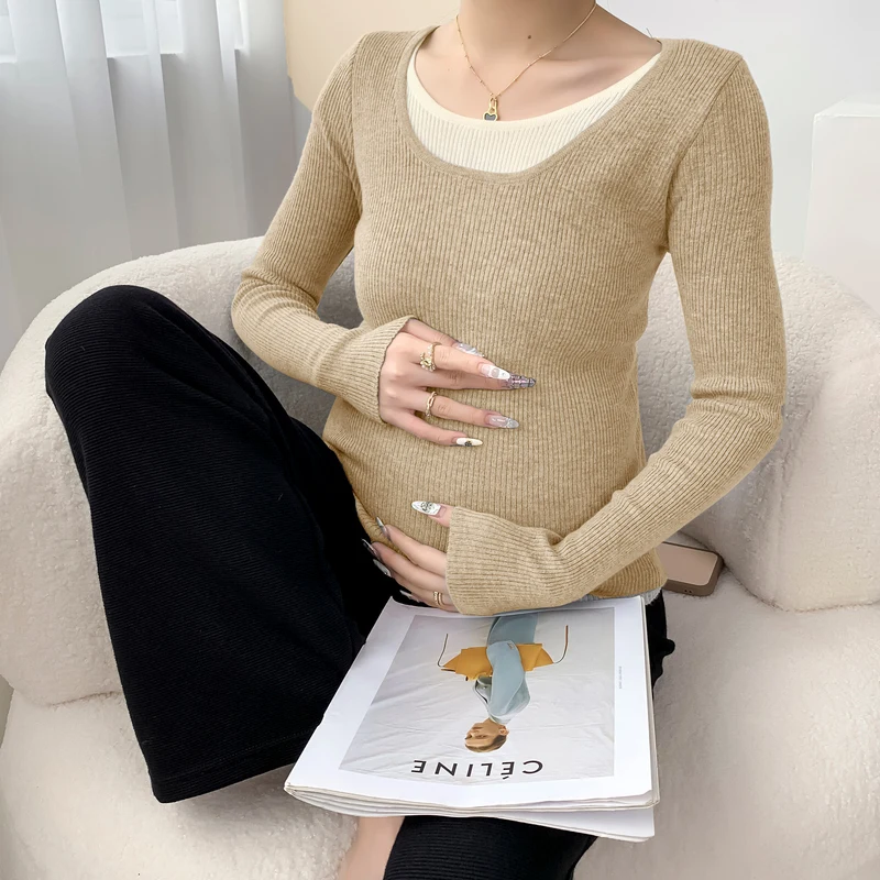 Korean Style Pregnancy Sweater Long Sleeve O-neck Block Color Patchwork Maternity Knitted Pullovers Fashion Faux Twp Pieces Top