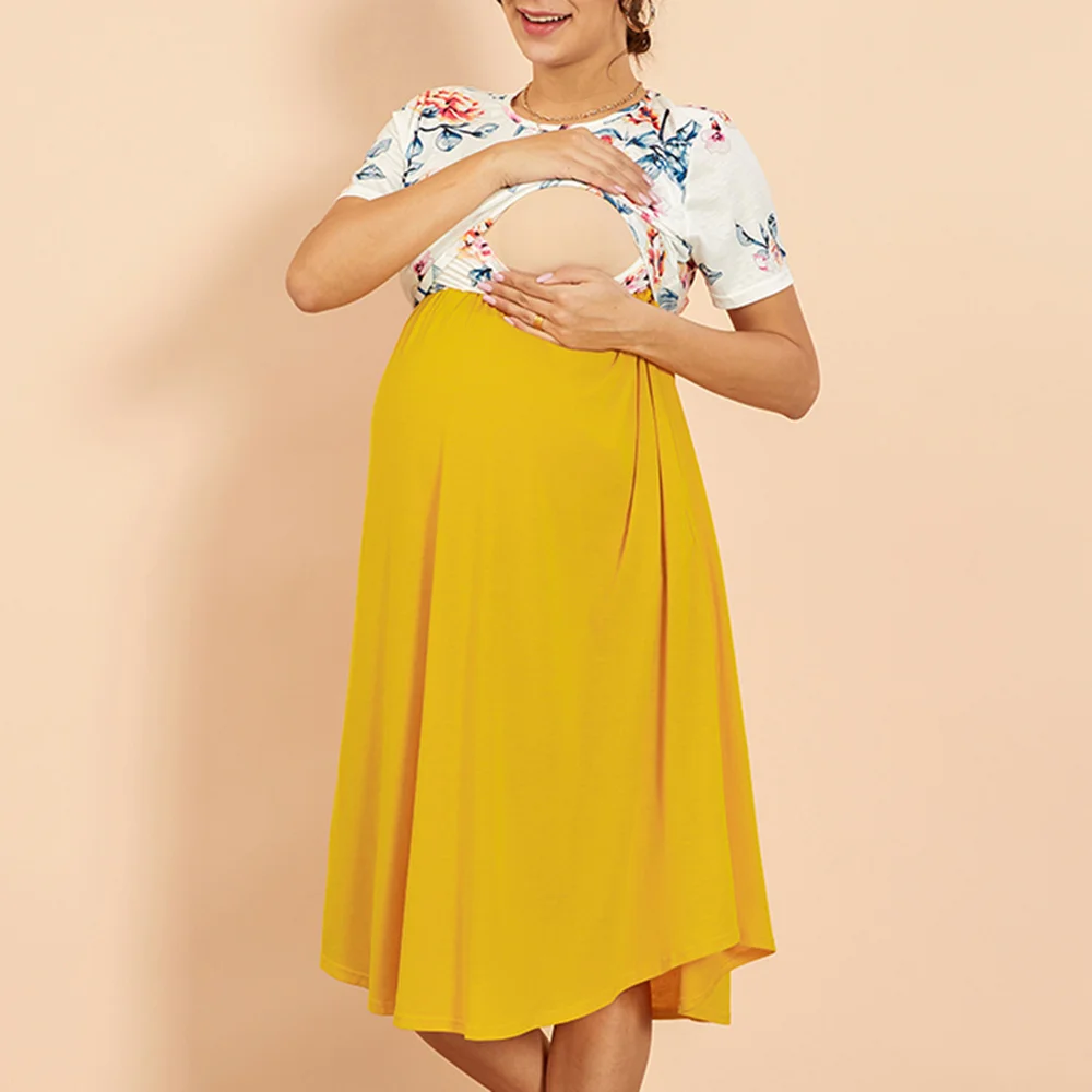PatPat New Arrival Maternity Round Collar Color Block Color Block Yellow Midi H Short-sleeve Nursing Dress