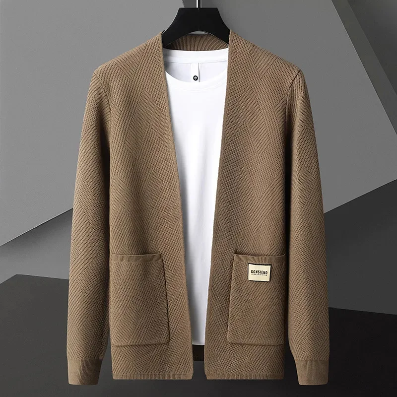 Spring and Autumn New Men's Knitted Cardigan High Quality Korean Version Casual Fashion Pocket Shawl Sweater Solid Color Coat