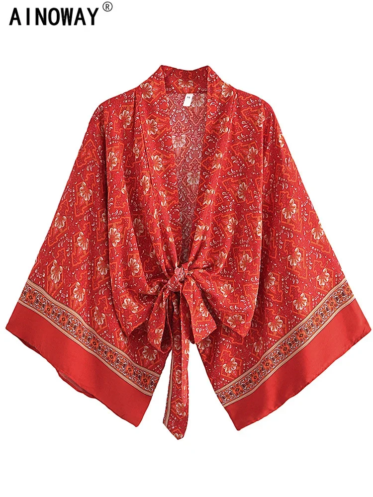빈티지 붉은 꽃 Boho 기모노 짧은 가운 수영복 여성 패션 Batwing 슬리브..
