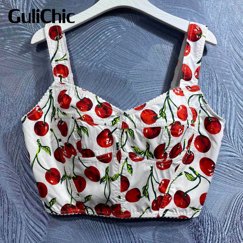 

11.1 GuliChic Pure Cotton Fashion Cherry Print V-Neck Spaghetti Strap Short Tank Top Women