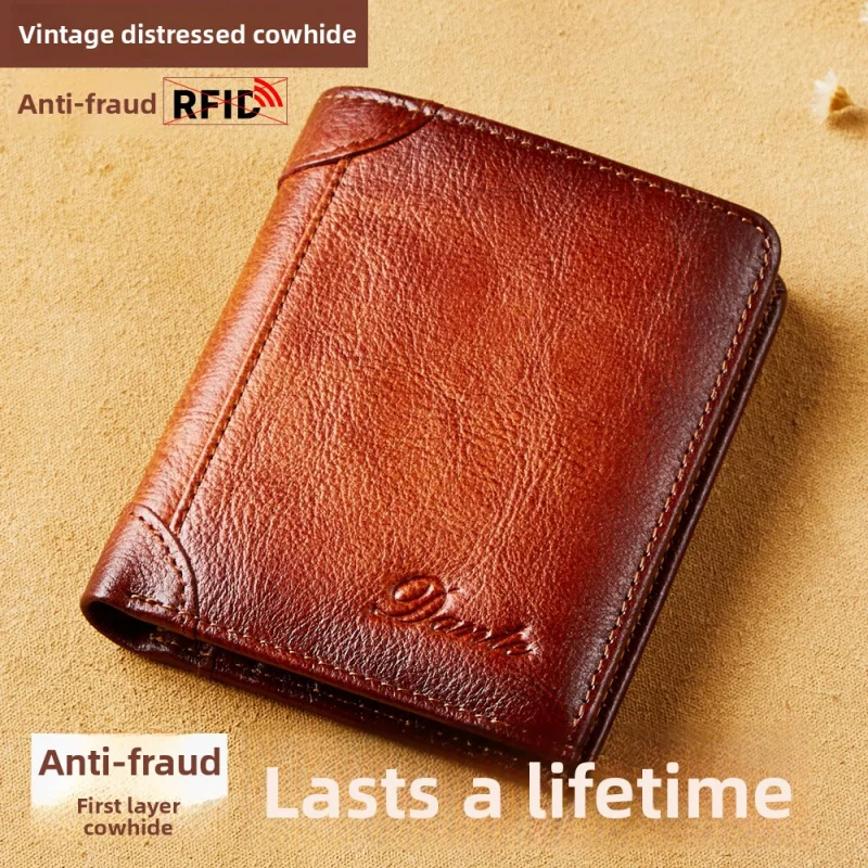 Genuine Leather Men's Wallet Vertical Anti-theft RFID Blocking Card Holder Money Clip