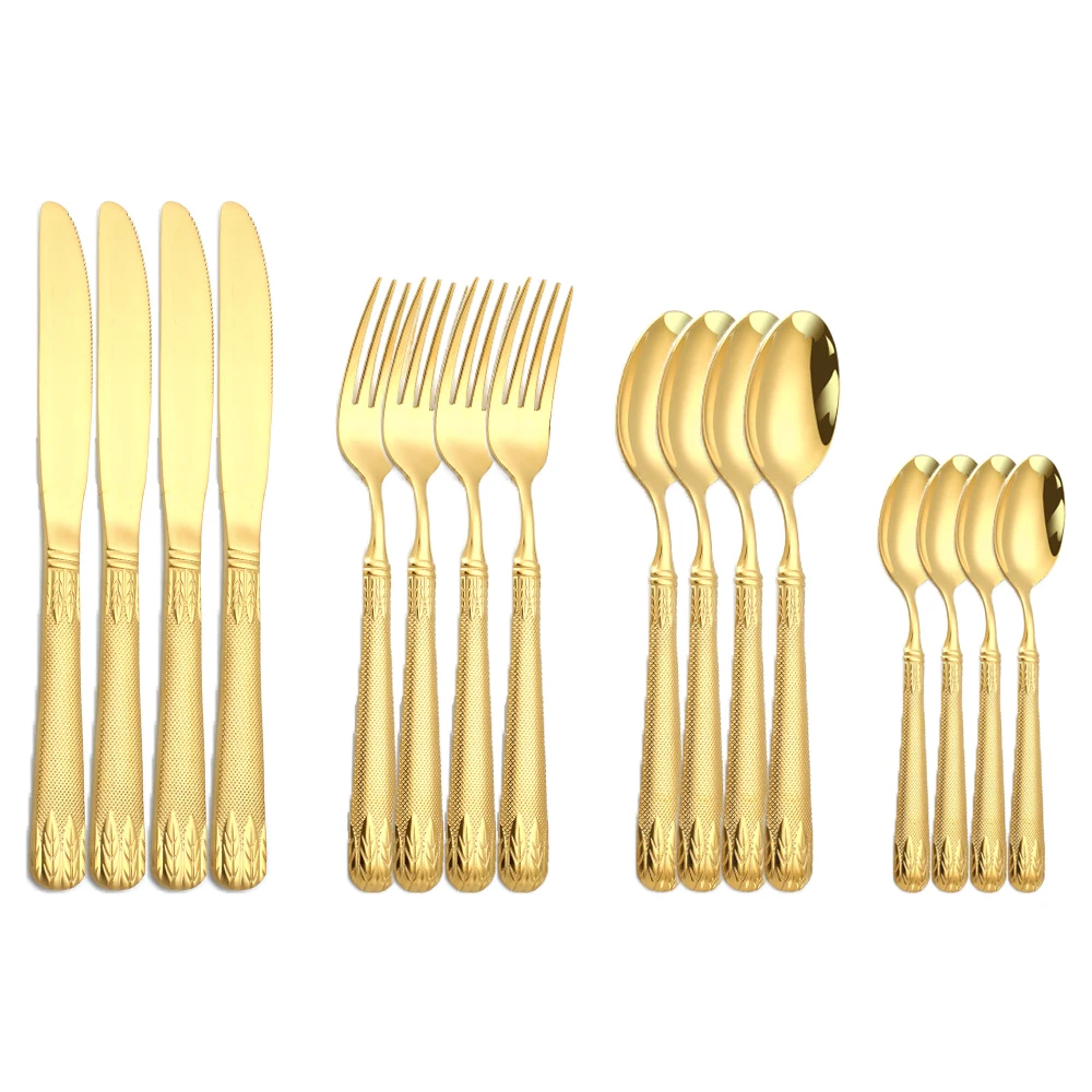 

16Pcs Cutlery Set Golden Stainless Steel Flat Wheat Ears Handle Kitchen Silverware Dinnerware Dinner Knife Fork Spoon Flatware