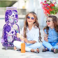 3PCS Rolling Backpack for Girls Kids Roller Wheels Bookbag with Lunch Bag Purple Cat Pattern Design Glow-in-the-Dark Function 4