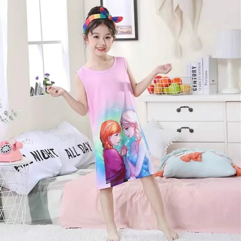 Kids Homewear Frozen Anna Elsa Olaf Dress Girls Nightdress Clothes Summer Cartoon Nightgown Children Clothing Sleeveless Pajamas, children nightdress