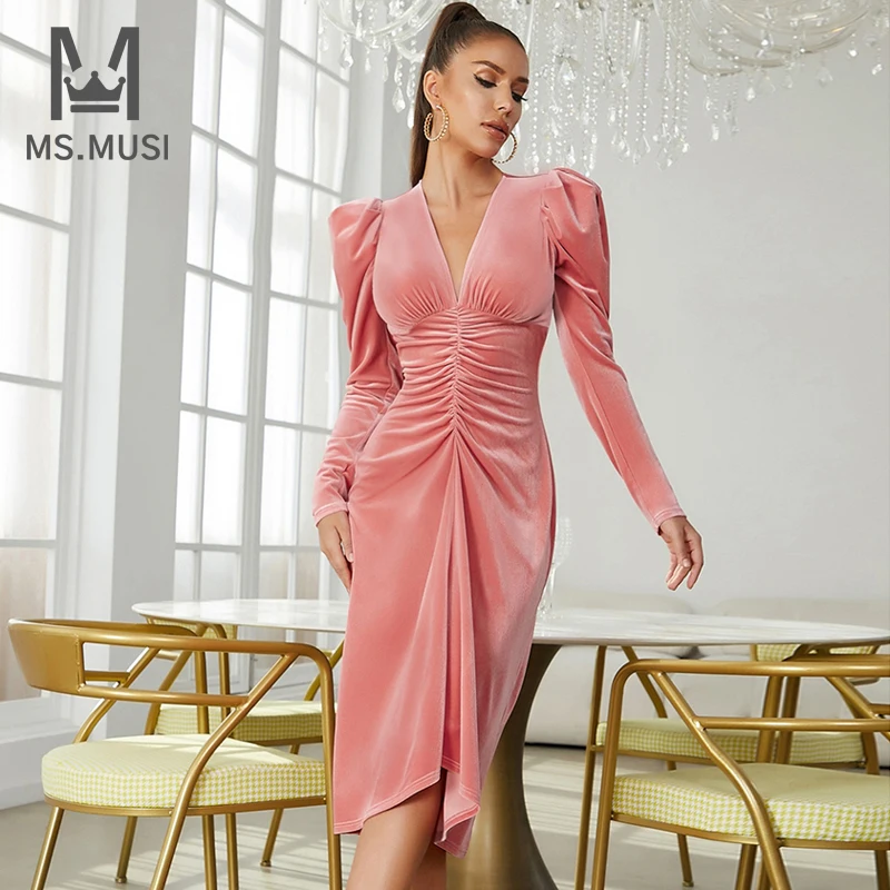 

MSMUSI 2023 New Fashion Women Sexy Velvet V Neck Draped Fold Puff Long Sleeve Bodycon Party Club Slim Event Midi Dress Vestidos
