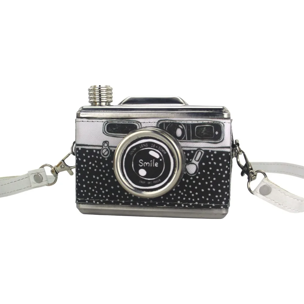 스테인리스 스틸 카메라 모양 힙 플라스크, 탈부착 가능한 스트랩, 위스키 용기, 11온스(325ml), 새지 않는 위스키 플라스크