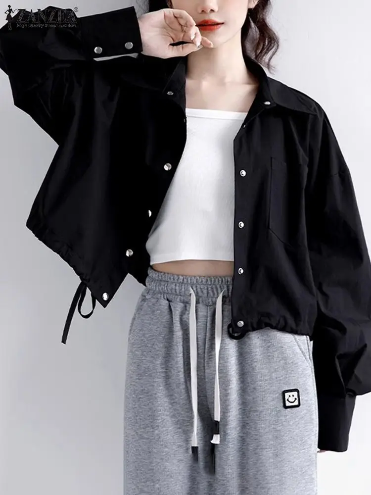 

ZANZEA Harajuku Fashion Shirt Jackets Korean Solid Short Coats Women Long Sleeve 2024 Spring BF Drawstring Collect Waist Outwear