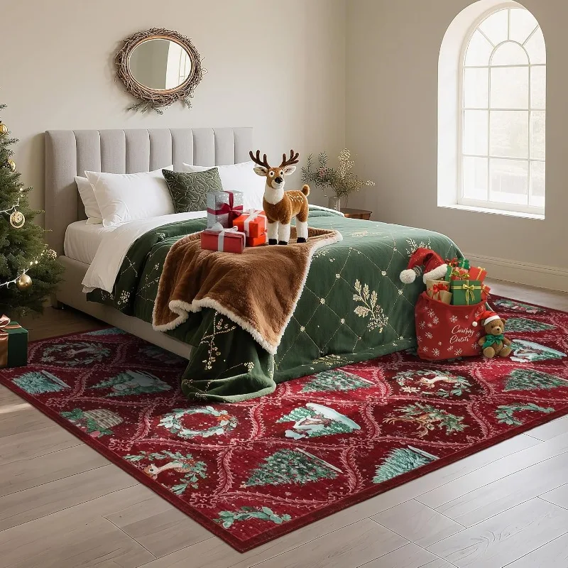 Christmas Living Room Carpet Large Area Christmas Tree Print Bedroom Rugs Machine Washable Non-slip Soft Coffee Table Mats Ковер