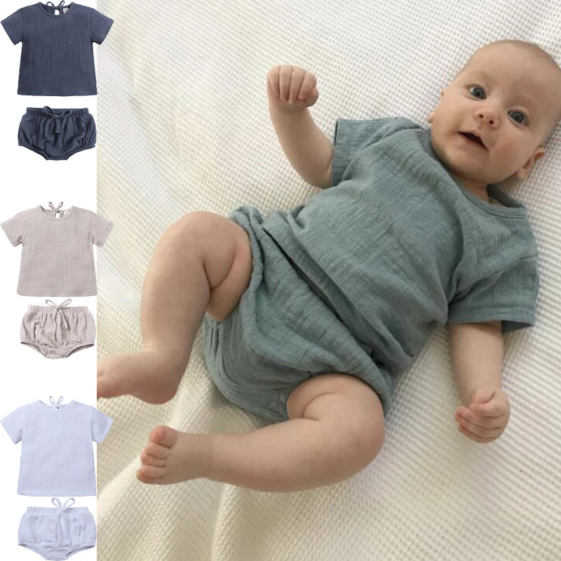 6-24M Little Baby Boys Girls Clothes Cotton Linen 2 Pieces Set Soild Lace-up Pullover T-Shirt + Shorts Belt Children Outfits newborn baby clothing gift set