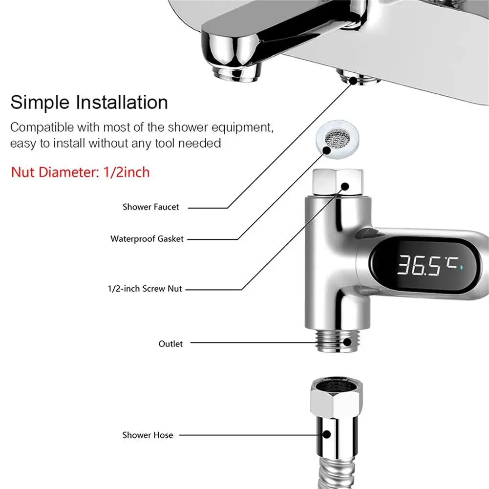 LED Display Water Shower Thermometer 0~100℃ Self-powered Water Thermometer Monitoring Baby Care Energy Smart Meter 360&deg; Rotation