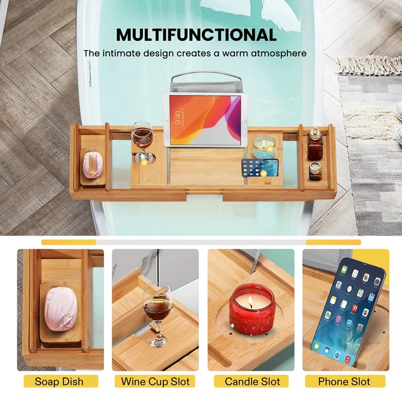 1 PCS Bamboo Expandable Bathroom Organizer Bathtub Storage Board With Cellphone Tablet And Wine Book Holder A