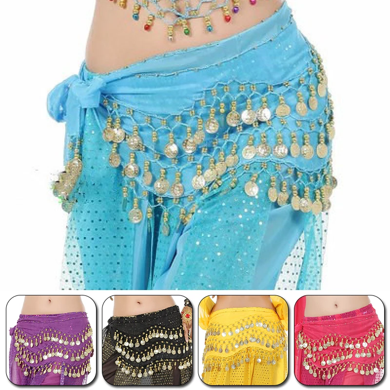 

Lady Women Belly Dance Hip Scarf Accessories 3 Row Belt Skirt With Gold bellydance Tone Coins Waist Chain Wrap Adult Dance Wear