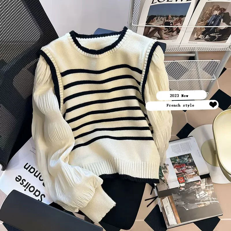 

Women Striped Spliced Fake Two-piece Sweater Spring Autumn French Sweet Puff Sleeve O-Neck Pullover Femal Elegant Loose Top