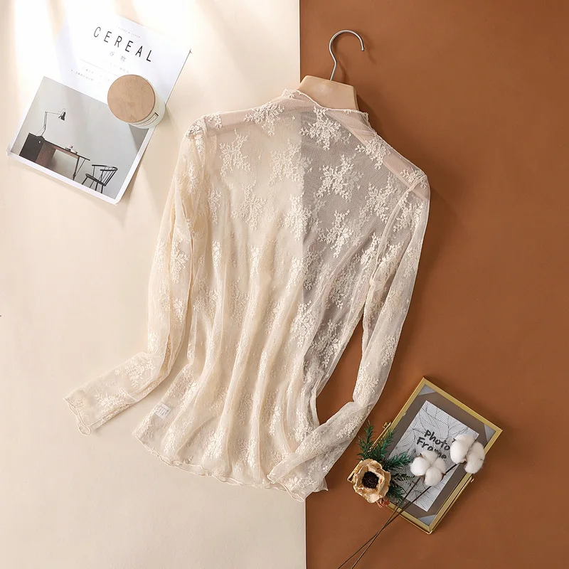 Sexy Women Mesh T-Shirts Transparent Lace Blouse Long Sleeve See Through Tops For Women Bottoming Shirt Sheer Tees Body Crop Top 4