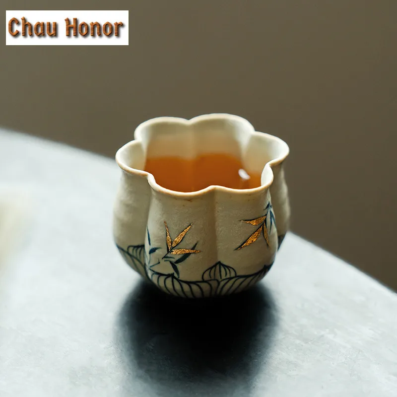 80ml Blue And White Flint Red Teacup Handmade Gold Drawing Bamboo Tea Bowl Zen Tea Pair Petal Personal Cup Chazhan Tea Supplies