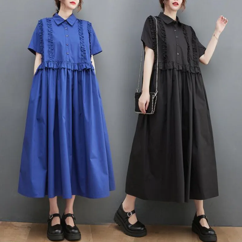 

#3319 Black Blue Ruffles Pleated Dress Women Short Sleeve High Waist A-line Front Button Shirt Dresses Female Turn-down Collar