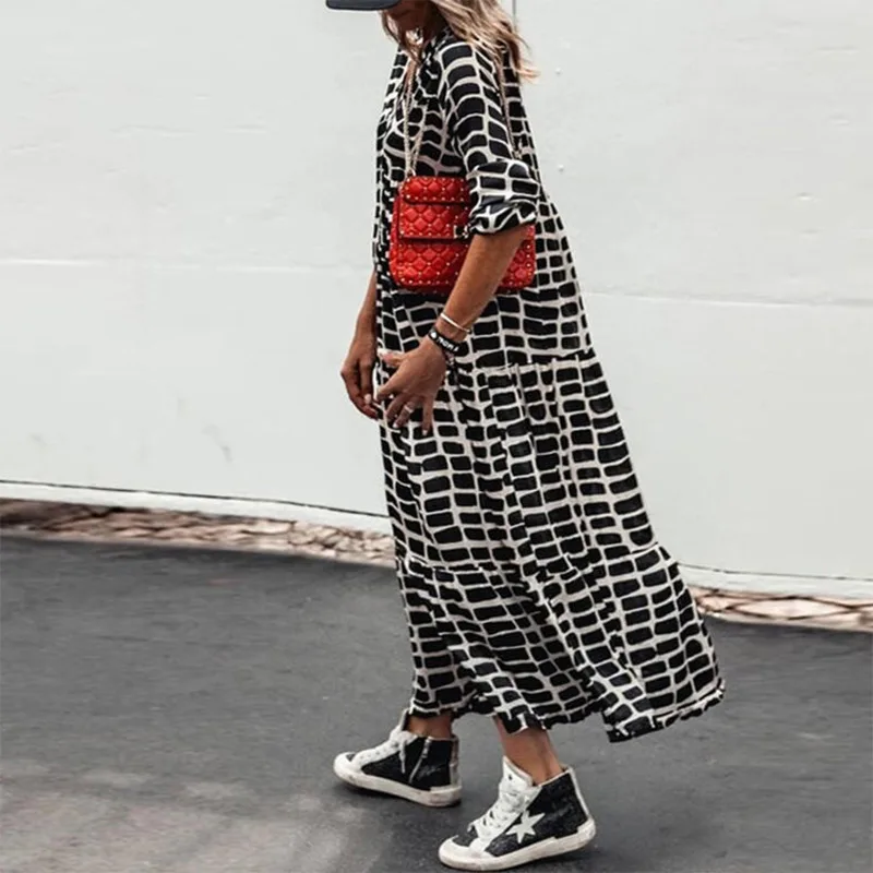 

Women Fashion Print V-neck Long Dress Streetwear Female Long Sleeves Vintage Summer Dress Large Swing Plaid Maxi Dresses Clothes
