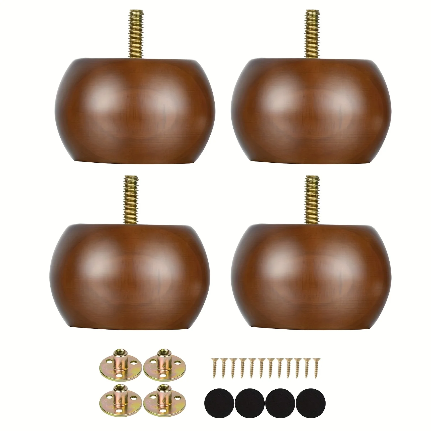 2 Inch Bun Furniture Feet Walnut Round Solid Wooden Ottoman/Couch/Sofa Legs Set of 4 Pre-drilled M8 Bolt with Metal Brackets