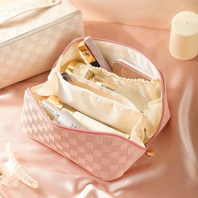 Bolsa de Maquiagem de Luxo com Estampa Xadrez em Formato de Travesseiro