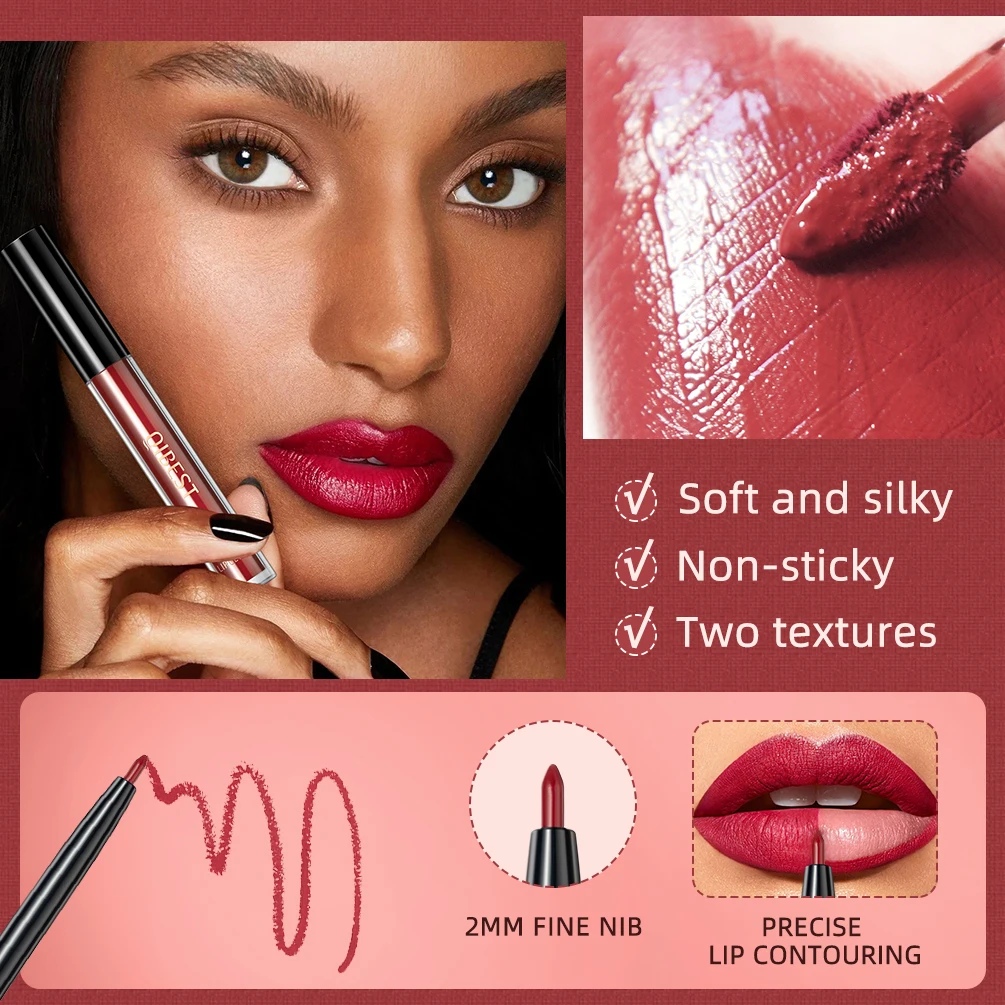 QIBEST Matte Liquid Lipstick&Lip Liner&Lip Gloss 3Pcs Sets Long Lasting Non-stick Cup Red Black Purple Lip Tint Cosmetics Kits 4