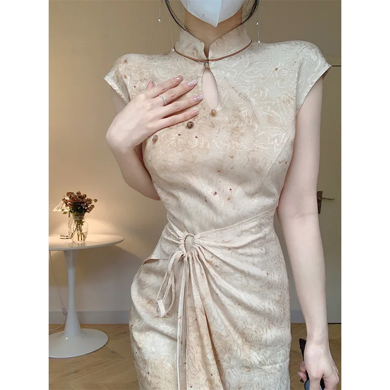 

New Chinese Style Dresses Pleated Design Cheongsam Improved Qipao Women Summer Spring Vestidos Sexy Cheongsams Elegant Costume