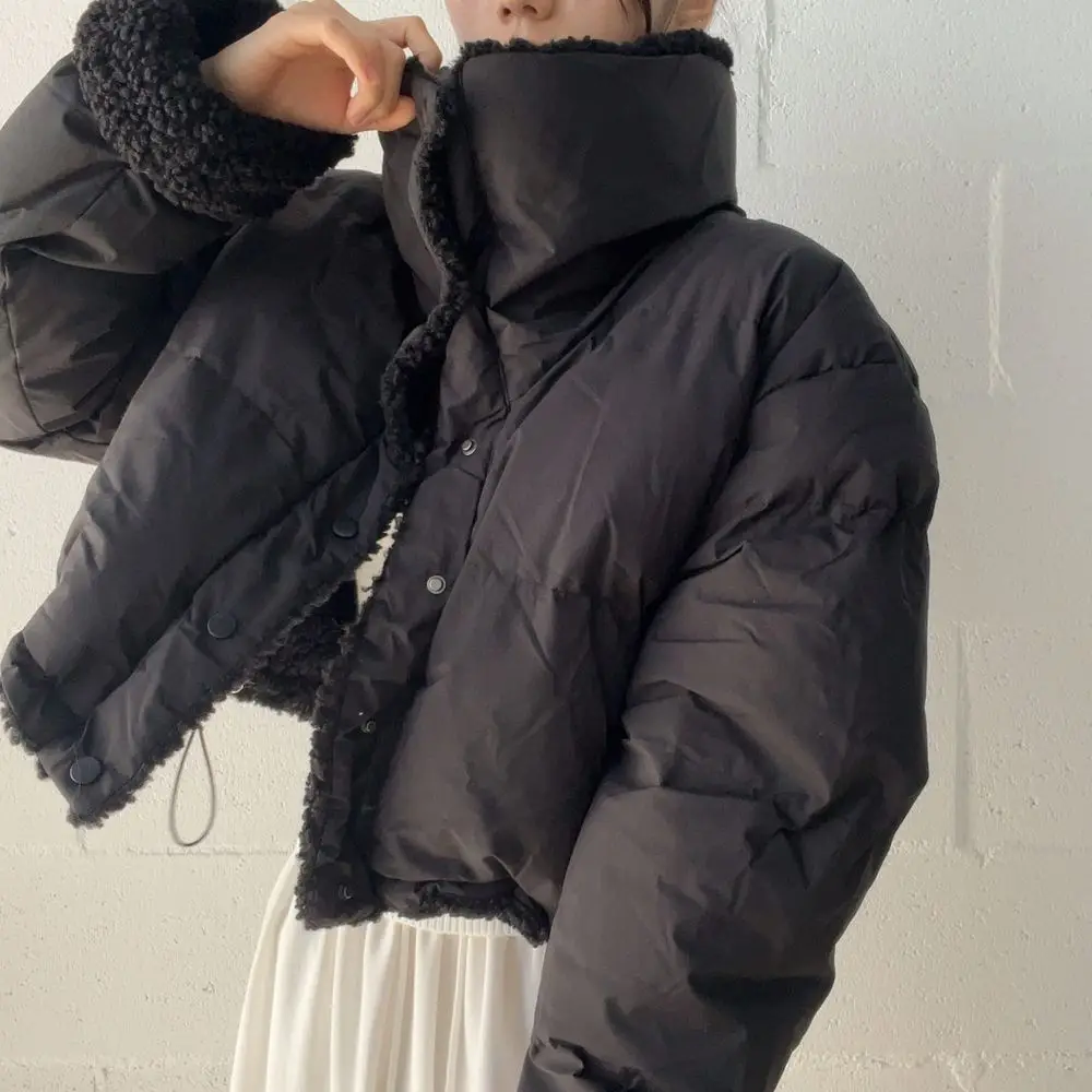 Korean Double-Sided Wear Lamb Fur Patchwork Down Cotton Jacket Women's Autumn Winter Fashion Short Big Lapel Student Bread Coat