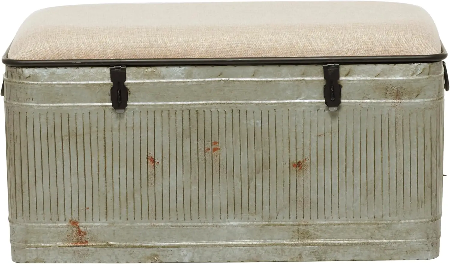 

Deco 79 Metal Room Storage Bench Galvanized Entryway Bench with Cream Burlap Top and Black Latches, Bench 38" x 16" x 19", Gray