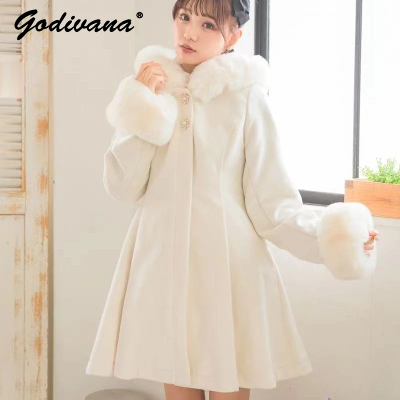 

Japanese Rojita Winter Big Fur Collar Exquisite Bow Hooded Wool Coat Sweet Cute Long Woolen Coat Jacket for Women Overcoats
