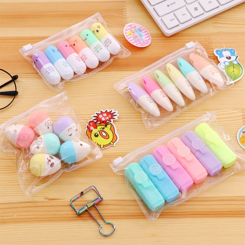 6 pcs/set Highlighter Colored Marker Pens Creative Design Painting,Graffiti,Marker Highlighters for School Six Colors Stationery