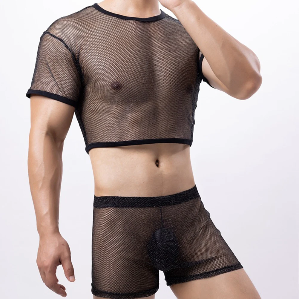 

Sexy Men Sissy Lingerie See-through Mesh Tank Tops Bugle Pouch Boxer Elasticity Breath Shorts Trunks Gay Man Erotic Underwear