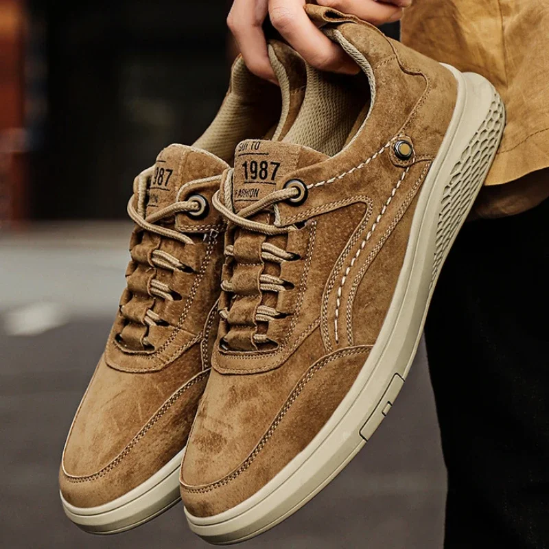 Men Casual Sneakers Handmade Retro Large Size Round Head Lace Up Outdoor Anti-slip Driving Flat Shoes Zapatillas De Deporte