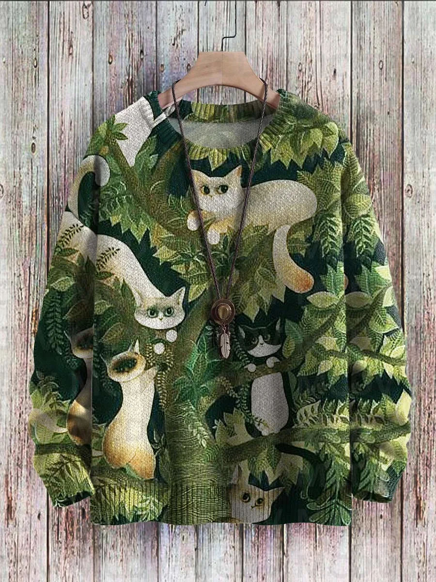Abstract Art Cat Multicolor Print Casual Pullover Knit Sweater Women For Men Sweater