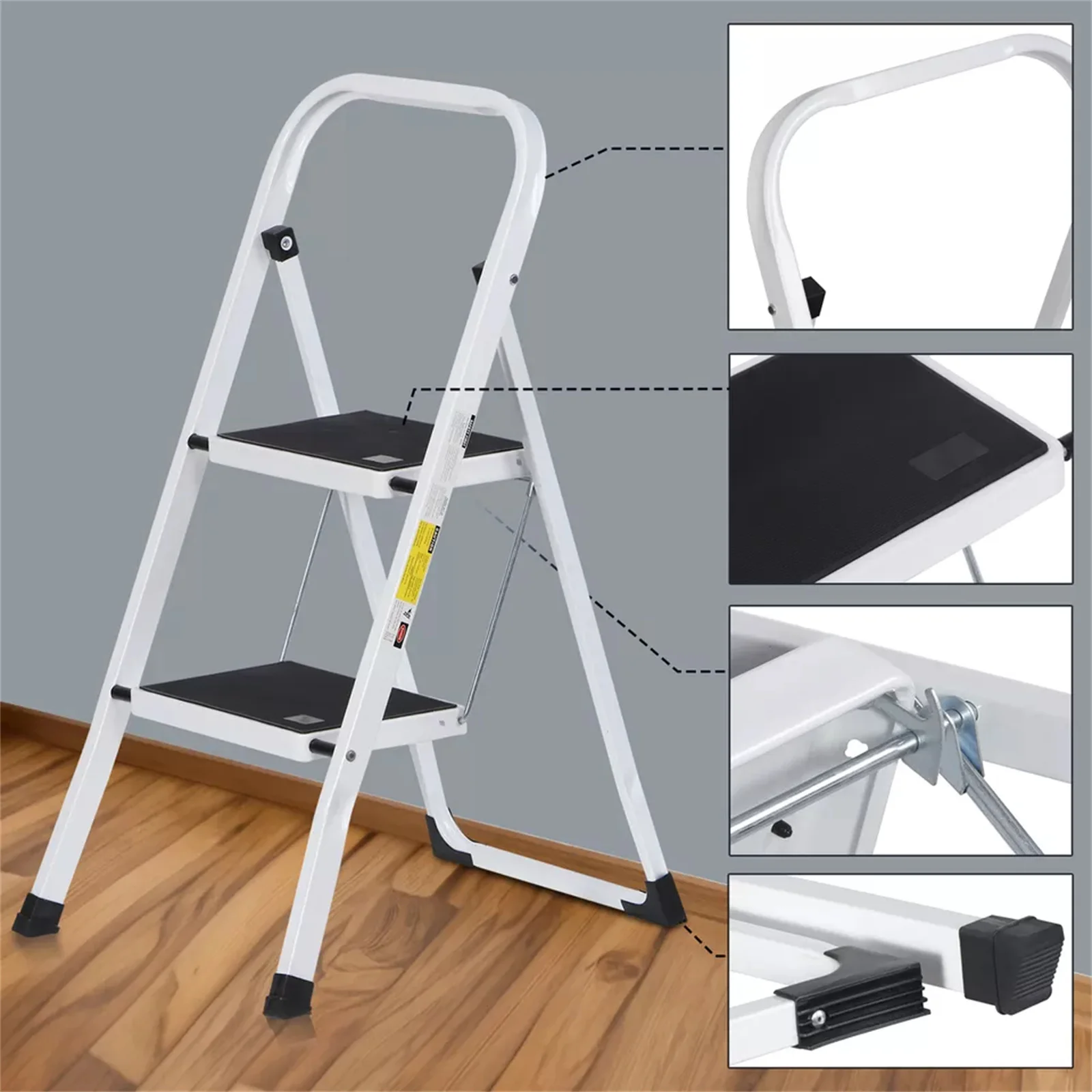 2 Steps Ladder Safety Non Slip Mat Tread Foldable Kitchen Steel Step Stool White 5