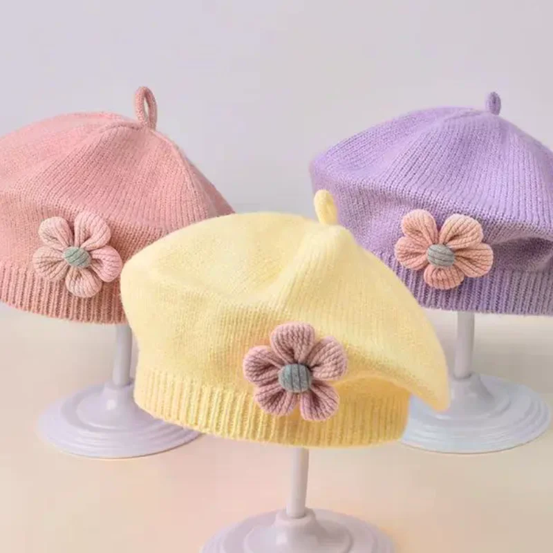 Baby Girls Autumn Winter Woolen Hat - Cute Flower Beret Toddler Artist Knitted Cap For 6-12 Months Newborn Home Outdoor