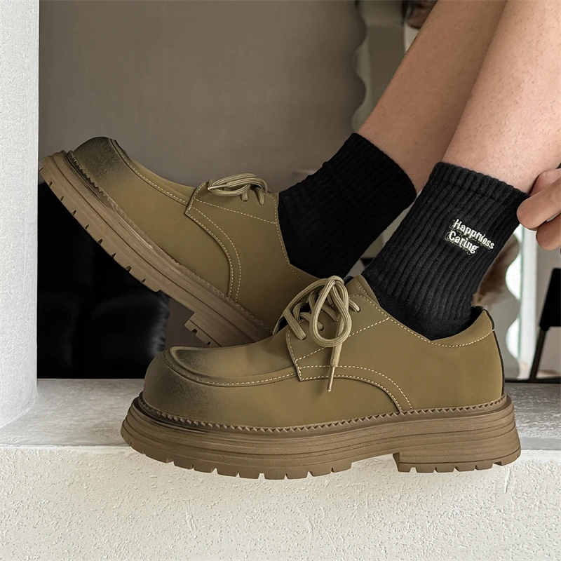 Men's Thick Soled Lace Up Leather Minimalist Designer Style Work And Party Outdoor Trendy Streets Young People's Shoes_voghion.com