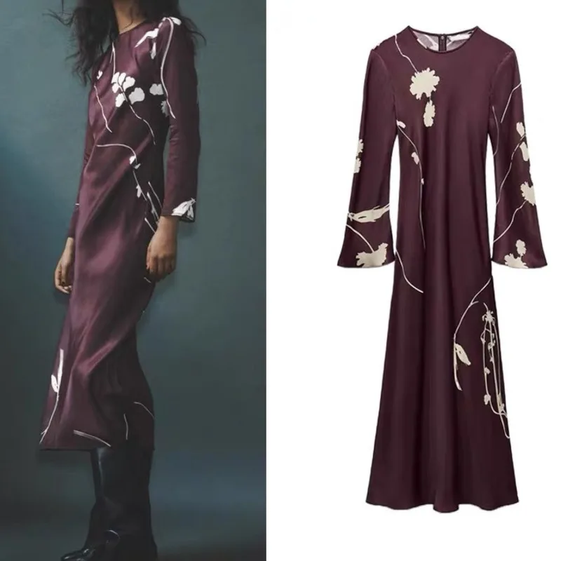 AEL Lady Fall 2024 women's French one-line neck dress retro waist skirt long sleeve dress dress