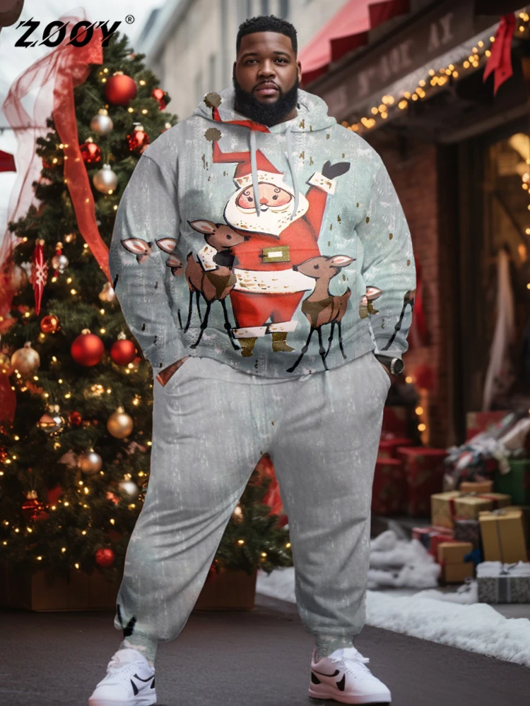 ZOOY (L-9XL) Men's Plus Size Suit Graffiti Snowflakes Christmas Bells Merry Christmas Polka Dot Snowman Long Sleeve Hoodie Set